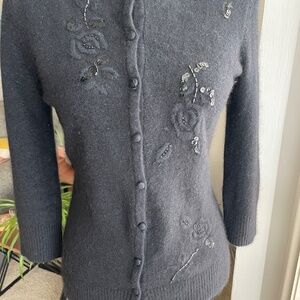 Vintage Black Embellished Cardigan Floral Beaded Sequin Button Front